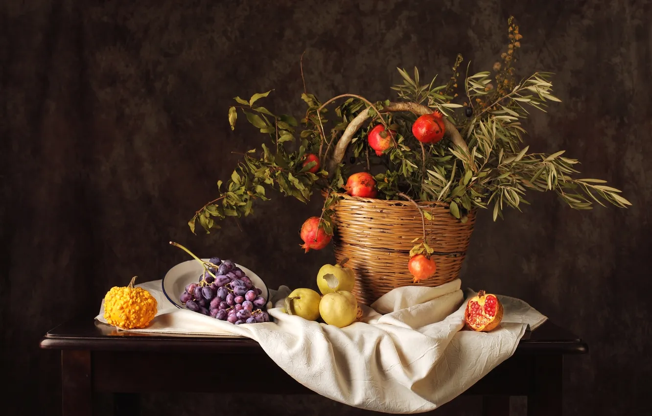 Фото обои яблоки, виноград, тыква, натюрморт, гранат