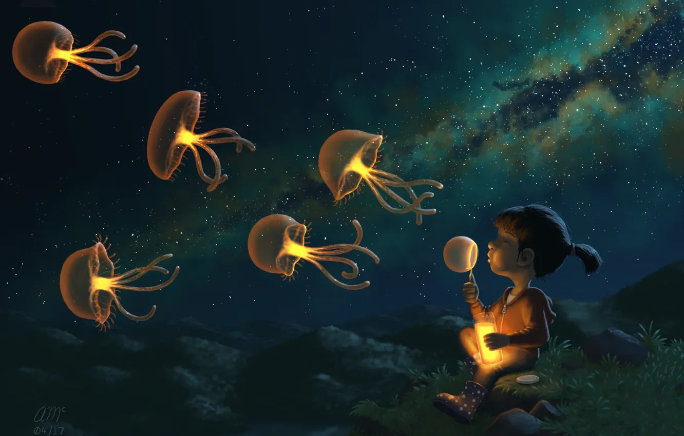 Фото обои ночь, звёзды, медузы, ребёнок, Jellies