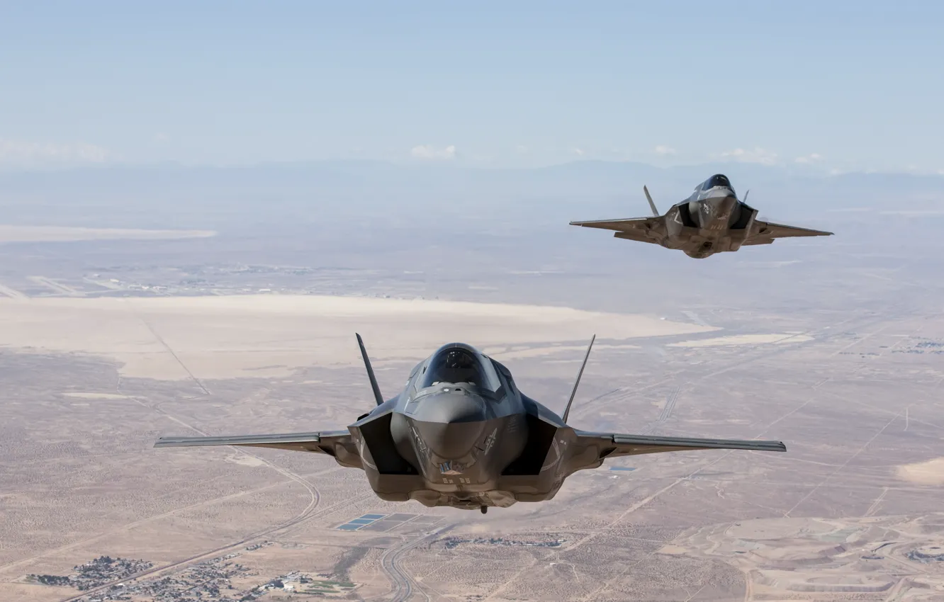 Фото обои полет, пустыня, USA, США, Невада, USAF, F-35, F-35B