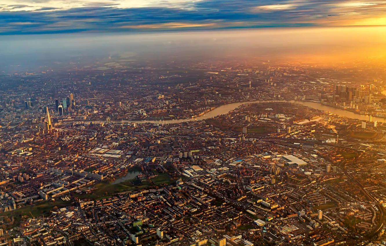 Фото обои City, Flight, Sky, Sunrise, London, Airplane, Flying, England