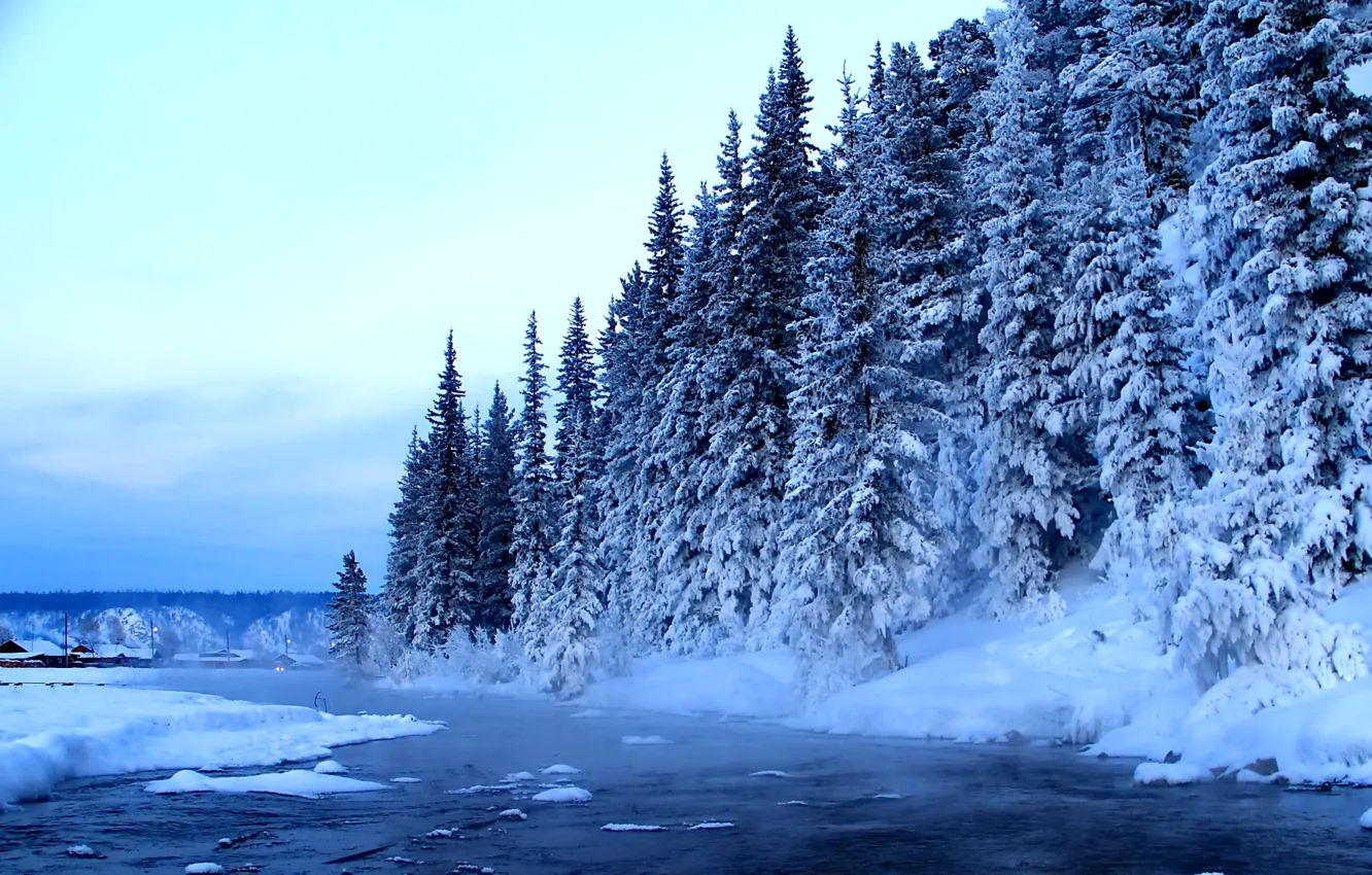 Фото обои зима, лес, небо, облака, снег, деревья, река, ручей