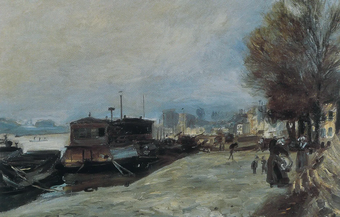 Фото обои пейзаж, картина, Пьер Огюст Ренуар, Pierre Auguste Renoir, Прачечная Лодка на Берегу Сены Недалеко от …
