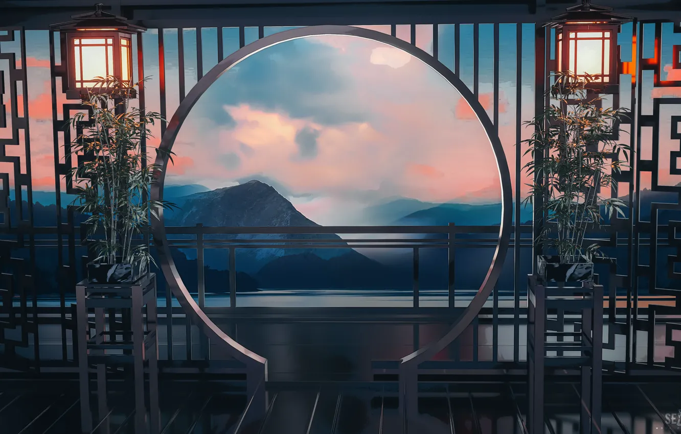 Фото обои небо, вода, горы, бамбук, вид из окна, SEYMOUR