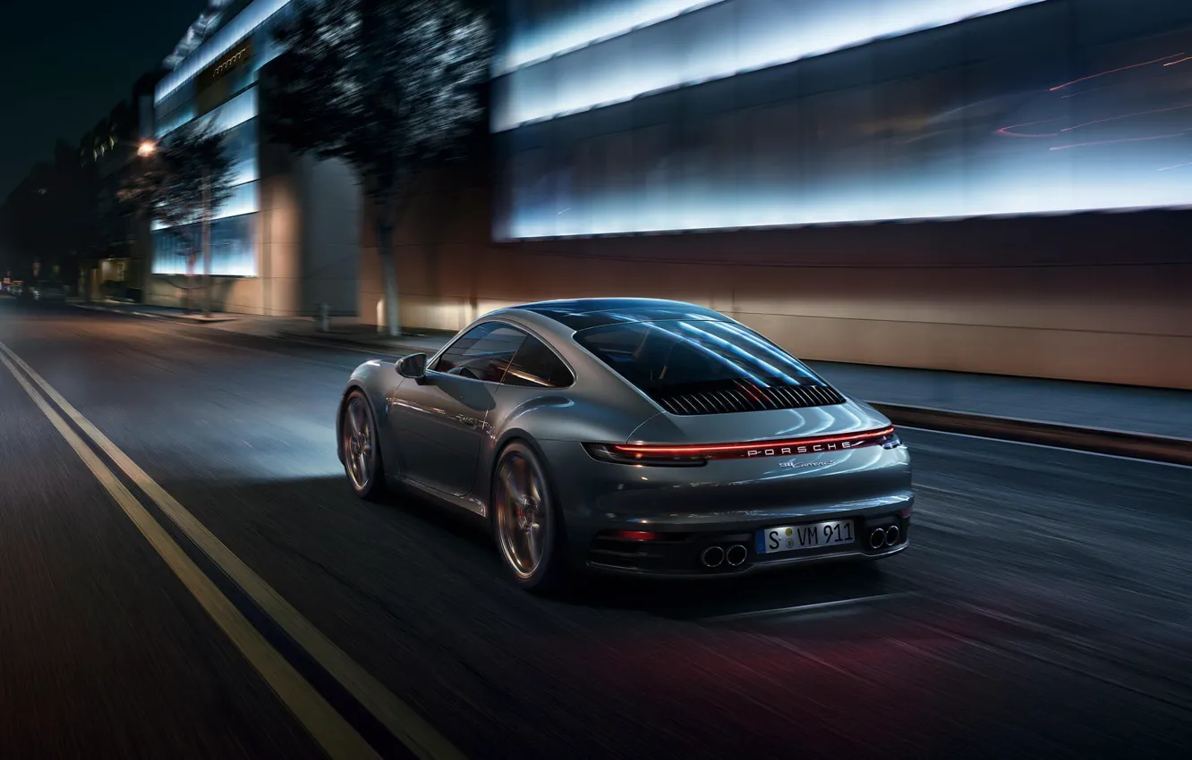 Фото обои машина, свет, ночь, город, огни, фонари, спортивная, Porsche 911 Carrera S