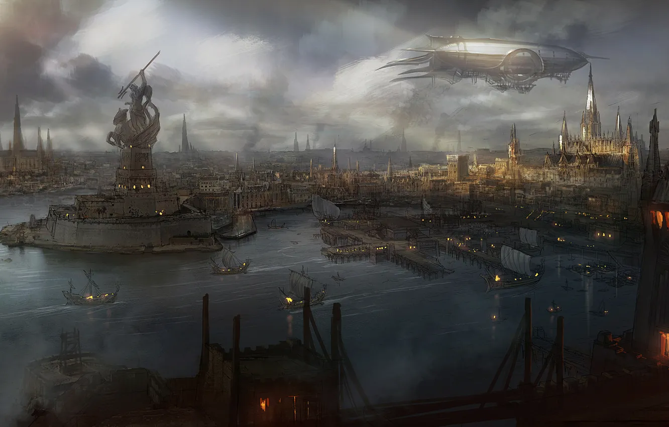 Фото обои вода, город, дым, вид, корабли, арт, дирижабль, статуя