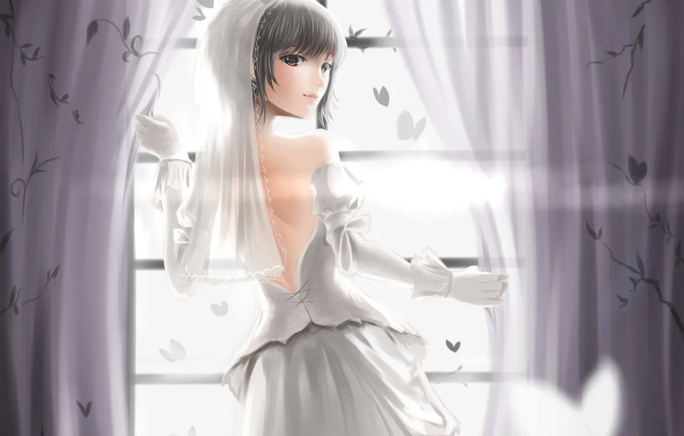 Фото обои девушка, белое, платье, окно, арт, шторы, невеста, фата
