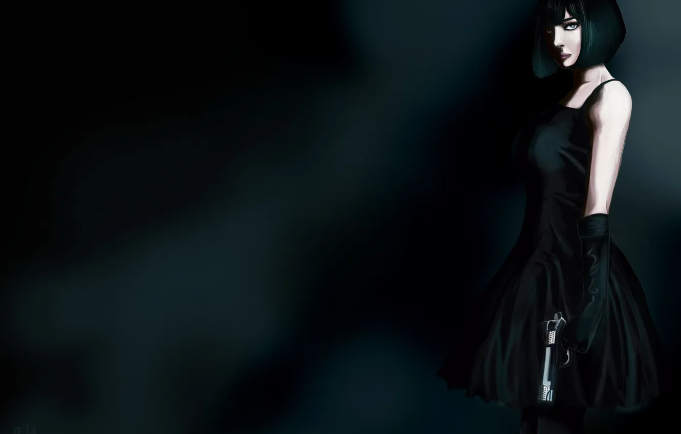 Фото обои глаза, взгляд, девушка, пистолет, оружие, рука, черное платье, живопись