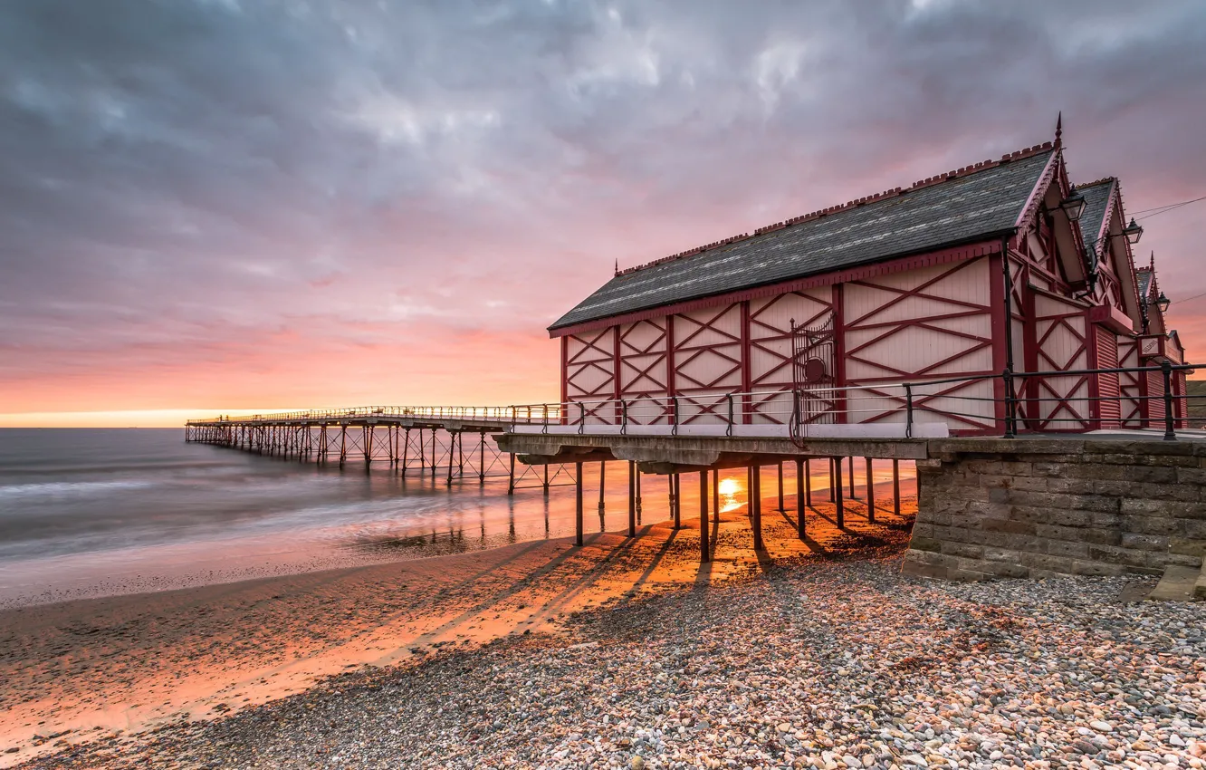 Фото обои Beach, Sunrise, Seascape, Saltburn Pier