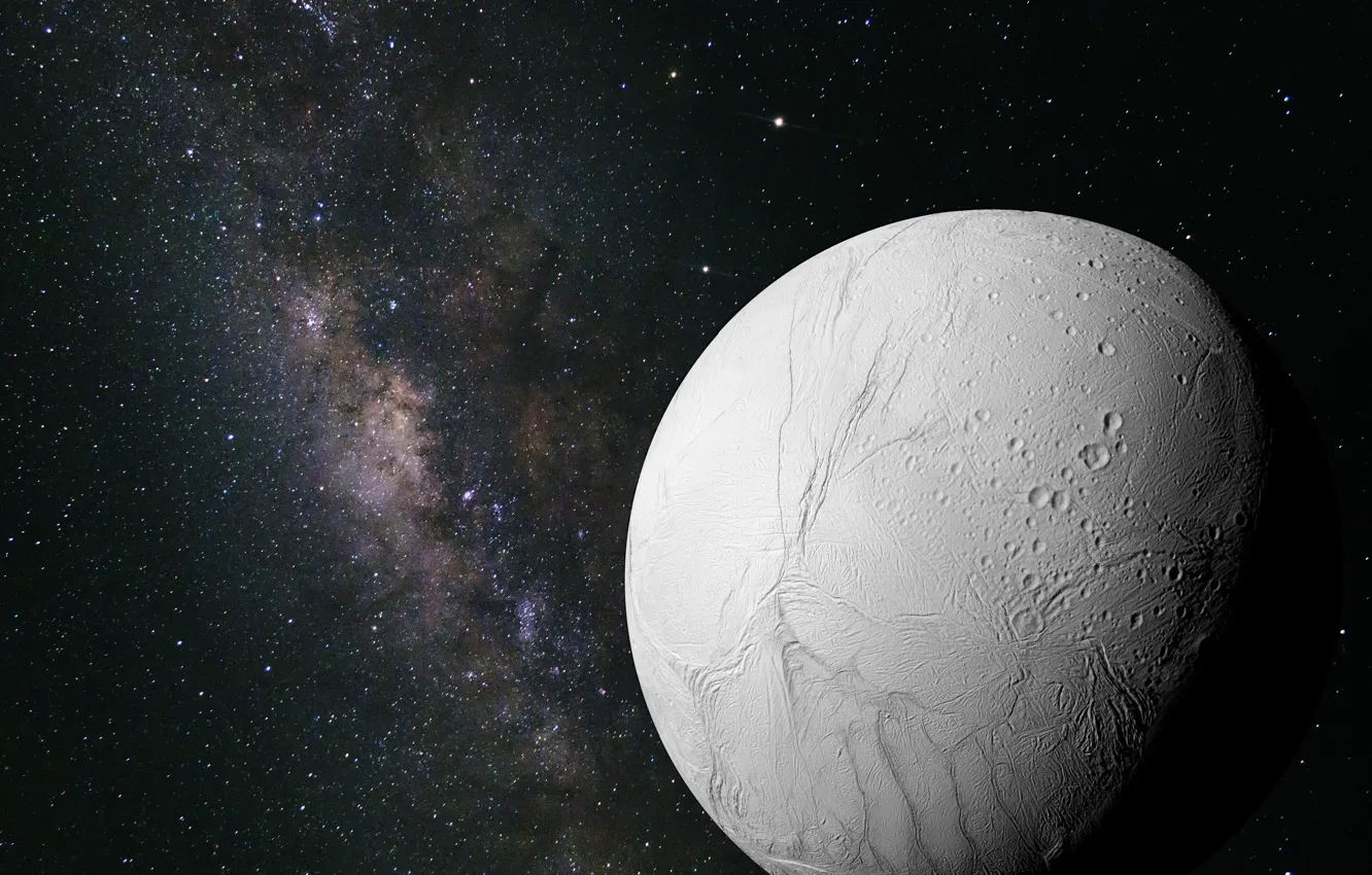 Фото обои космос, звёзды, Солнечная система, Enceladus, Энцелад, спутник Сатурна