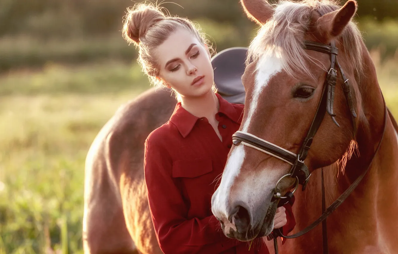 Фото обои девушка, конь, лошадь, лошадиная морда, Ki Te
