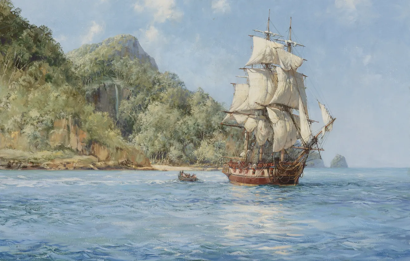 Фото обои море, лодка, корабль, остров, парусник, шлюпка, Montague Dawson