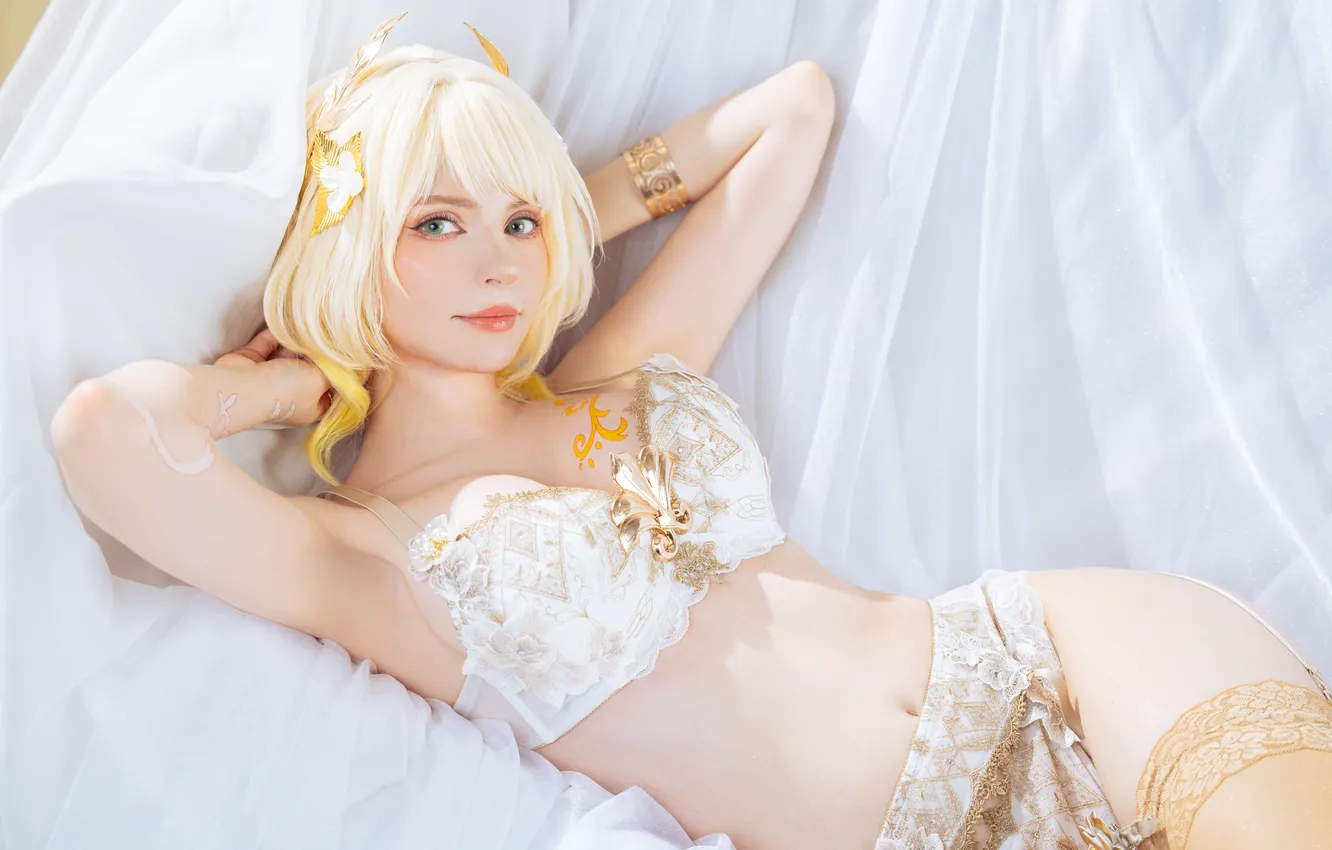 Фото обои short hair, model, women, cosplay, blonde, lying on back, video game girls, PeachMilky