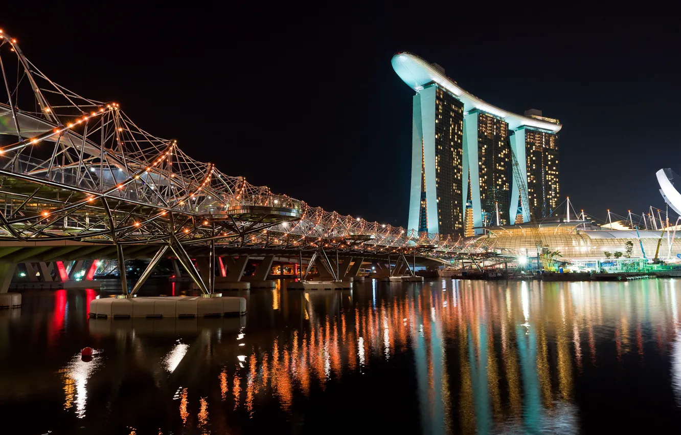 Фото обои Ночь, Город, Корабль, Сингапур, Пейзаж, Небоскреб