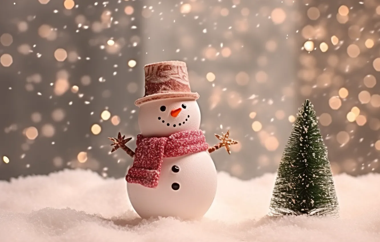 Фото обои зима, снег, елка, Новый Год, Рождество, снеговик, Christmas, winter
