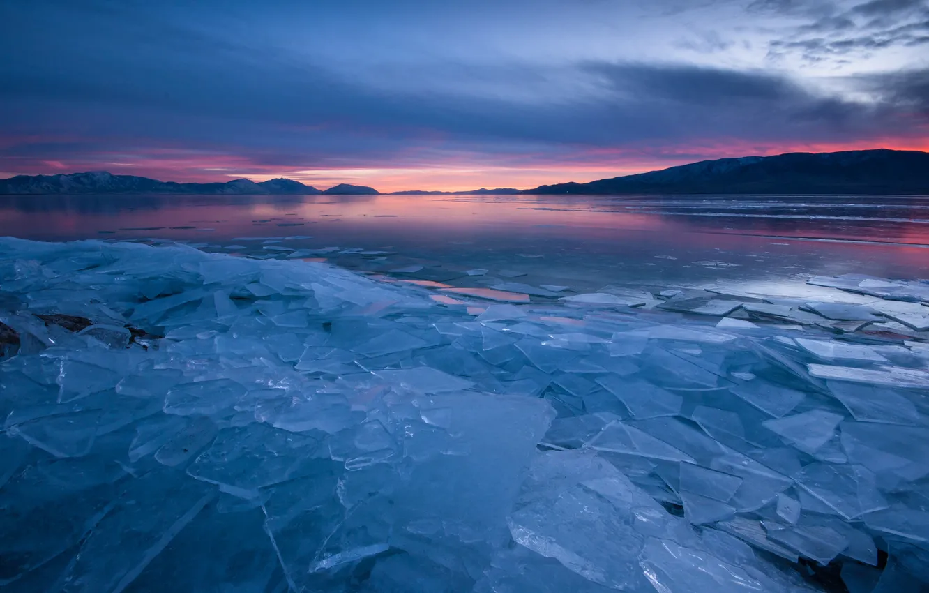 Фото обои холод, лед, закат, осколки, озеро