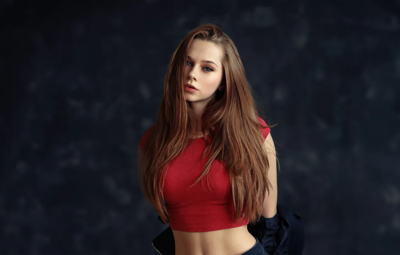 Фото обои girl, blue eyes, blonde, red clothing