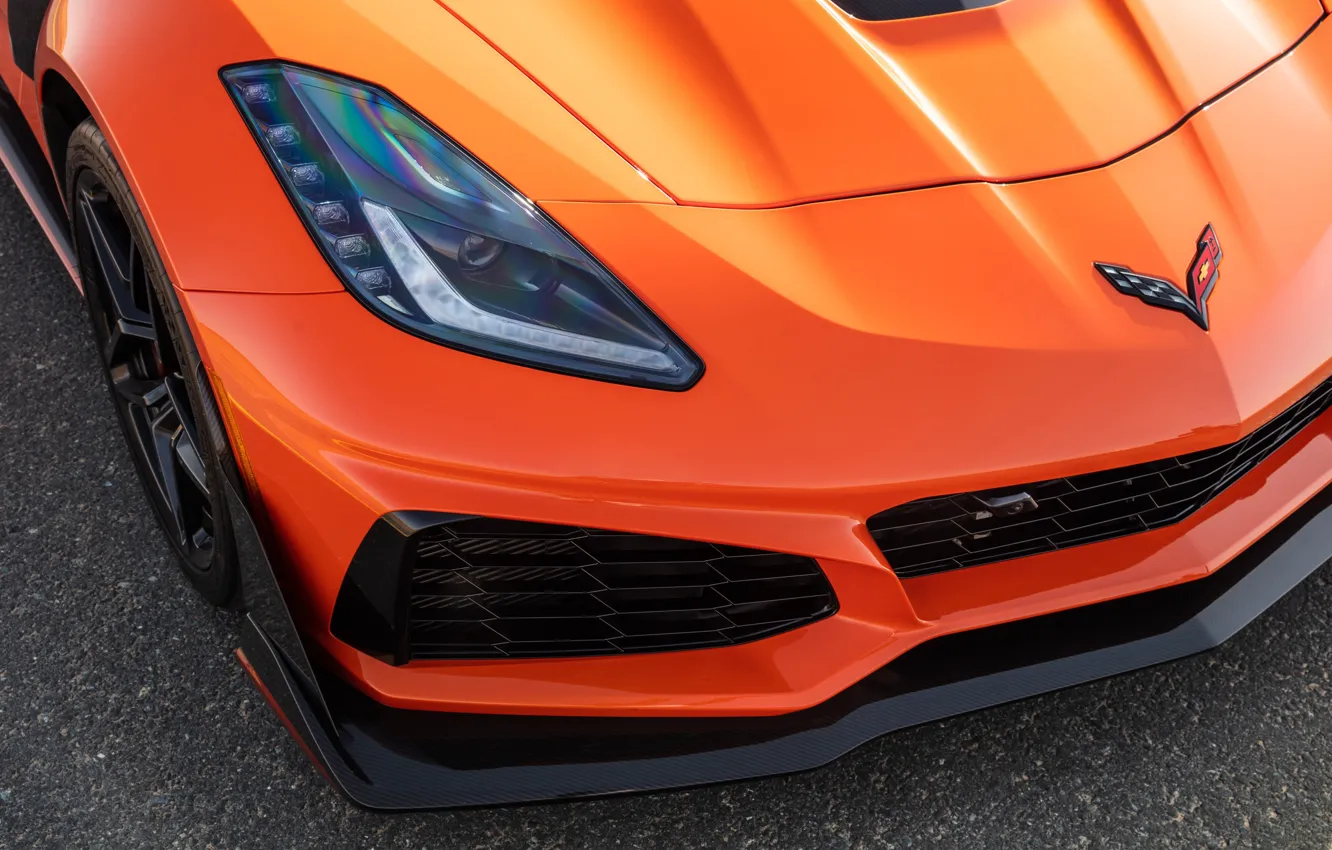 Фото обои оранжевый, фара, Corvette, Chevrolet, ZR1, 2019