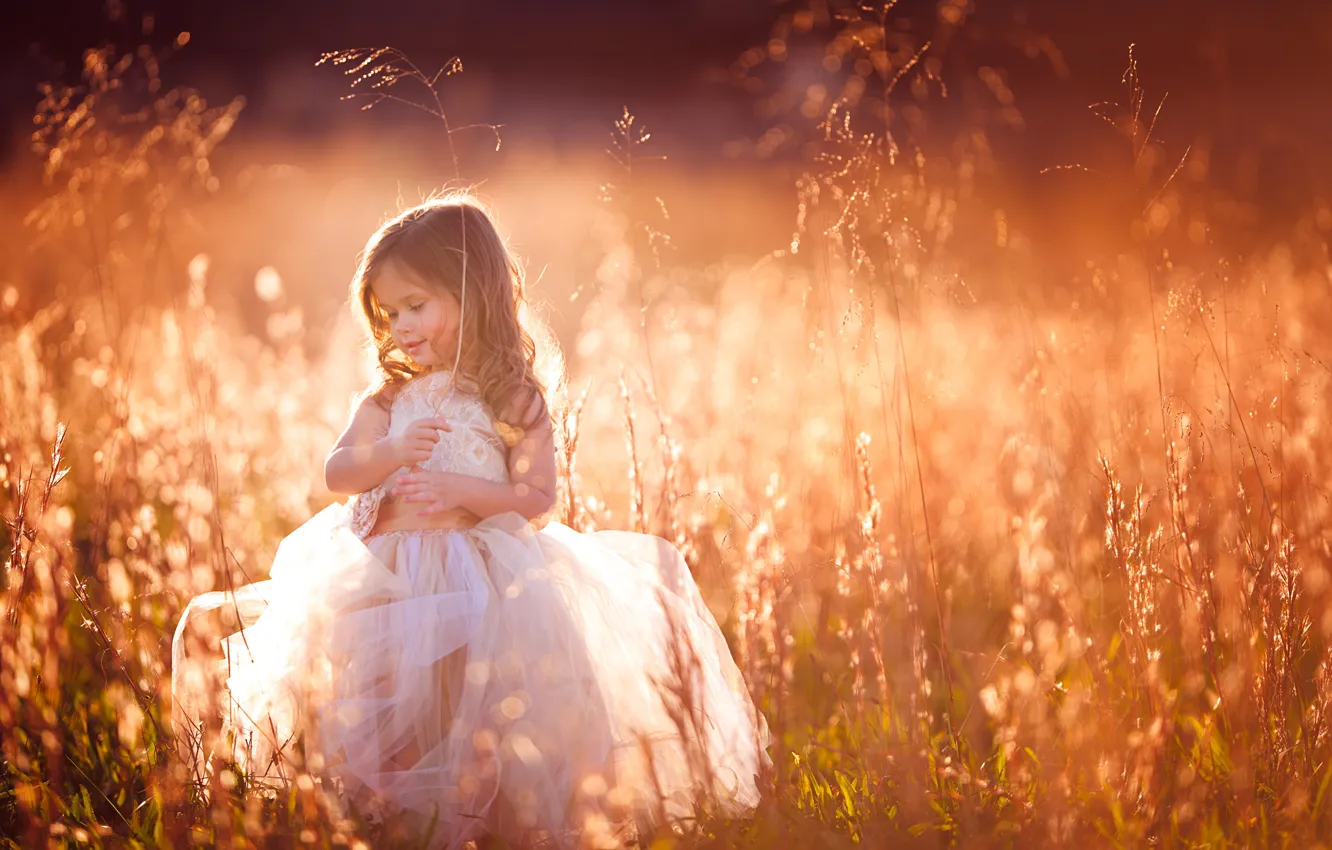 Фото обои трава, настроение, платье, луг, девочка