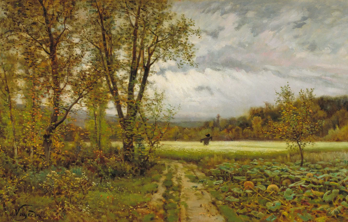 Фото обои поле, осень, небо, деревья, пейзаж, картина, Joaquim Vayreda, ПУГАЛО