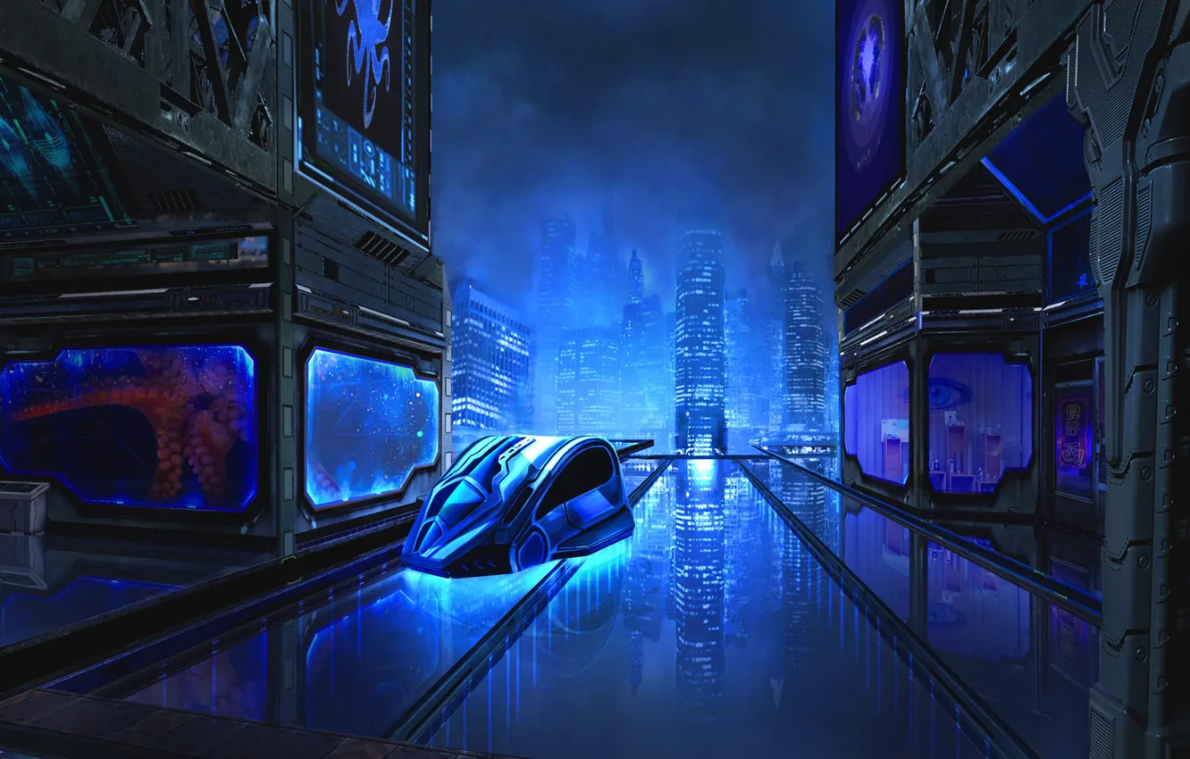 Фото обои Ночь, Город, Машина, City, Fantasy, Арт, Фантастика, Cyber