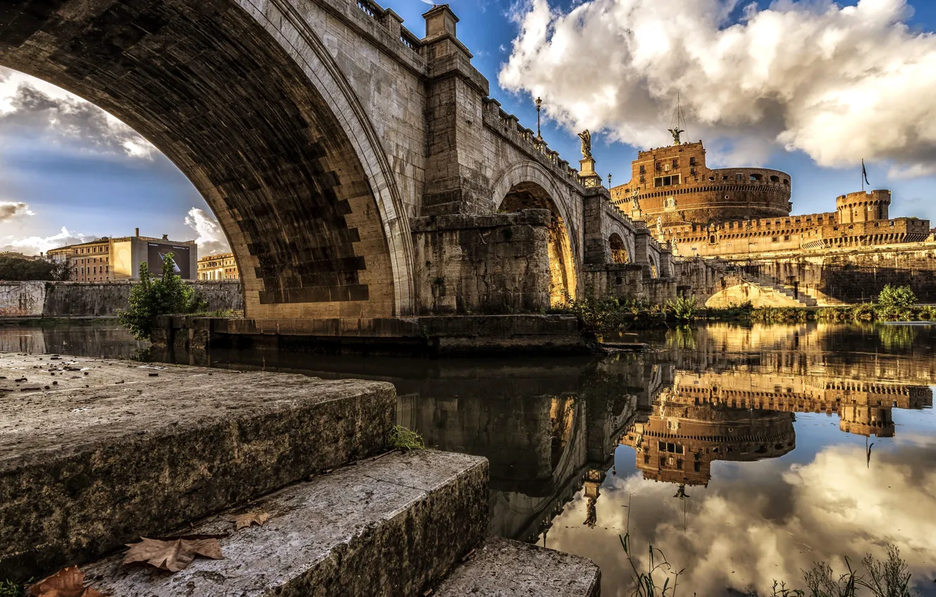 Фото обои река, Рим, Италия, Тибр, мост Святого Ангела, замок Святого Ангела