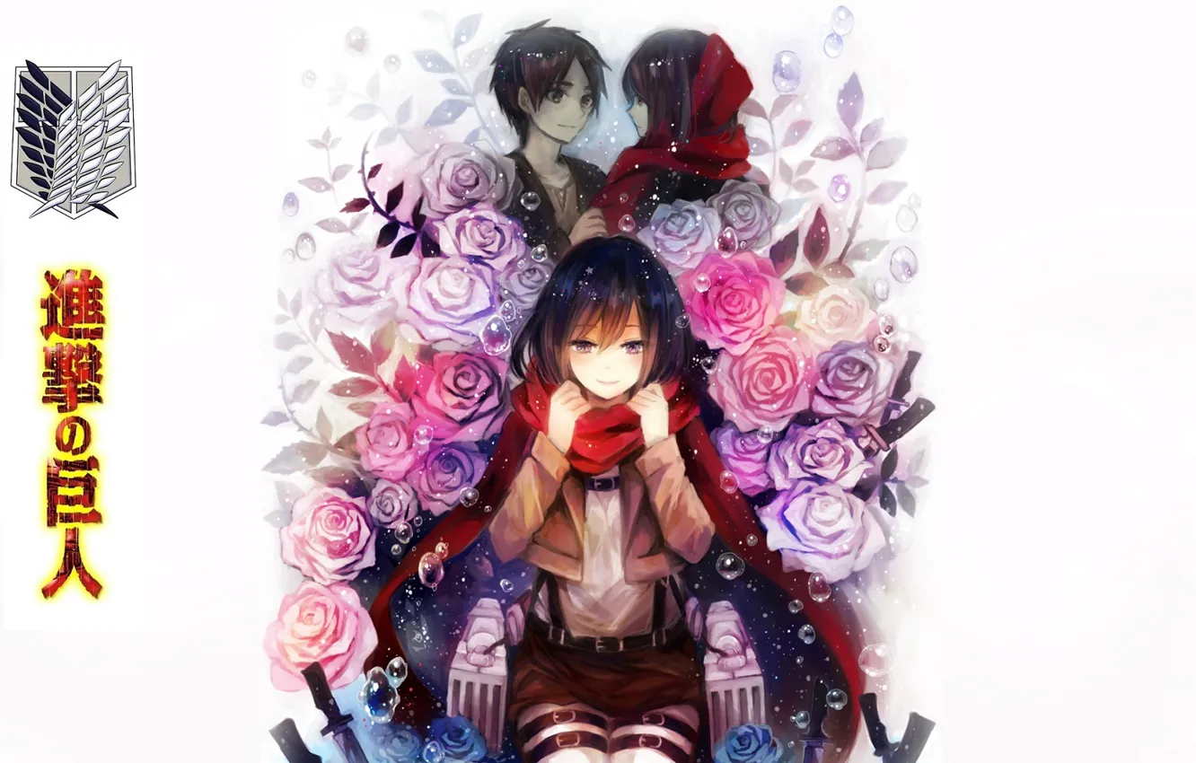 Фото обои белый фон, эмблема, друзья, военная форма, розовые розы, Mikasa Ackerman, Eren Yeager, красный шарф