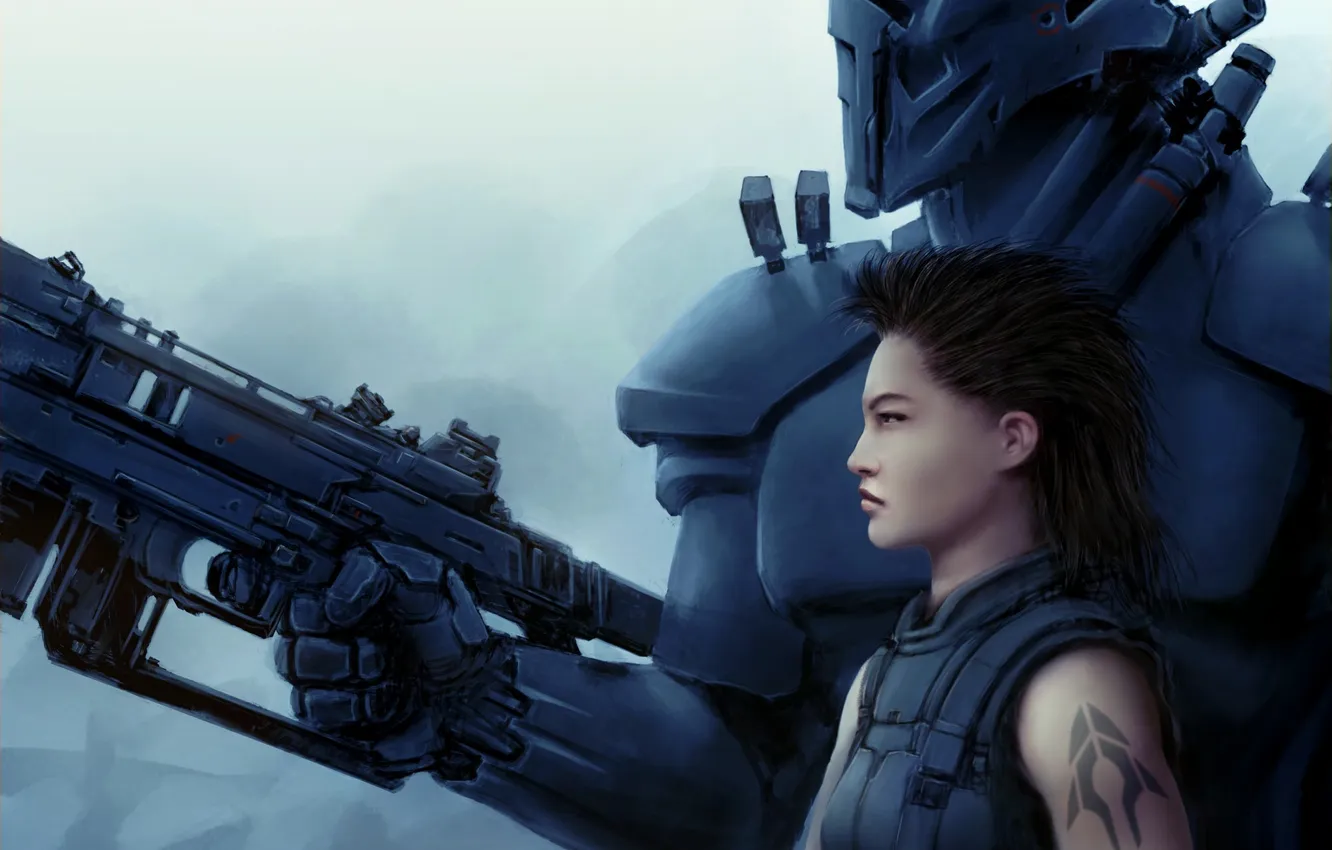 Фото обои девушка, металл, оружие, робот, тату, арт, киборг