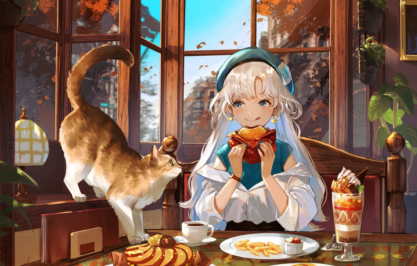 Фото обои чаепитие, девочка, десерт, берет, гамбургер, у окна, пушистая кошка, чашка кофе