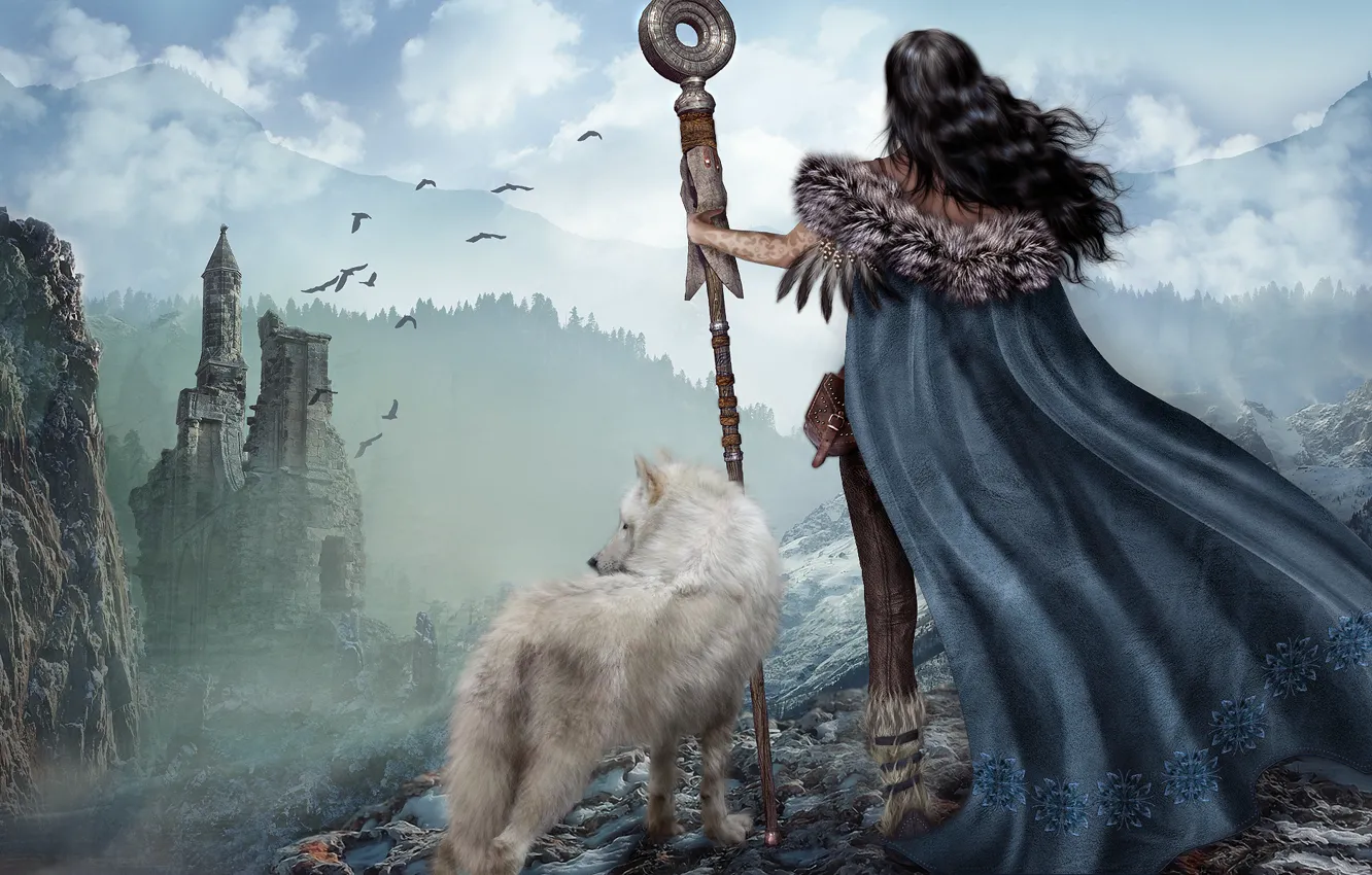 Фото обои девушка, природа, рендеринг, волк, развалины