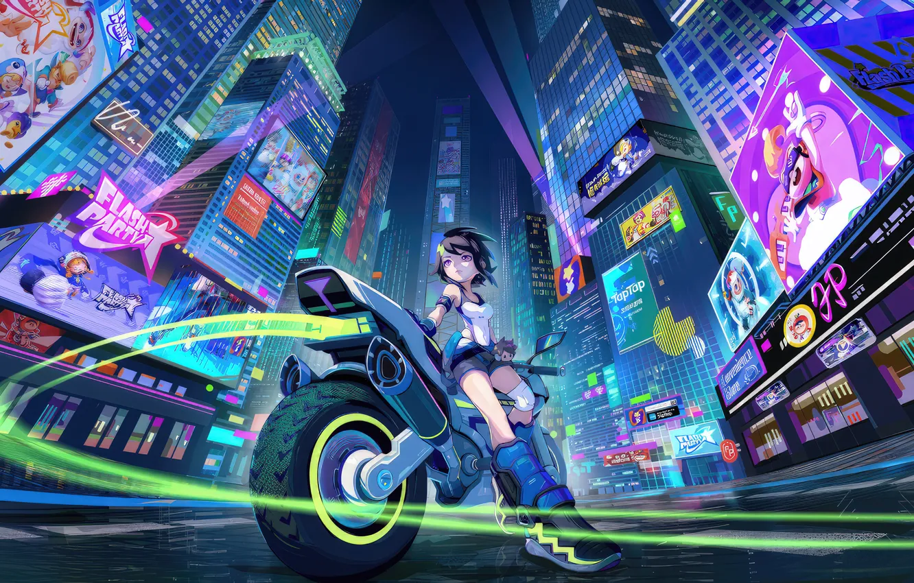 Фото обои city, girl, bike, AI Art