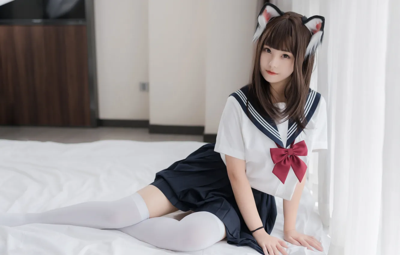 Фото обои girl, school uniform, thighhighs, long hair, beautiful, pretty, cosplay, brunette