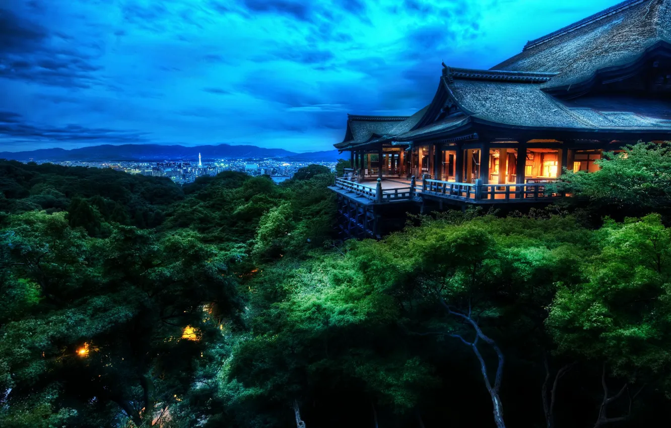 Фото обои облака, деревья, дом, Japan, Kyoto