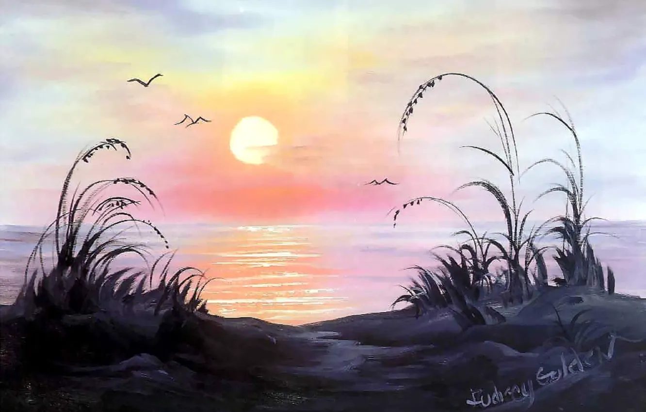 Фото обои трава, вода, солнце, птицы, восход, океан, берег, картина