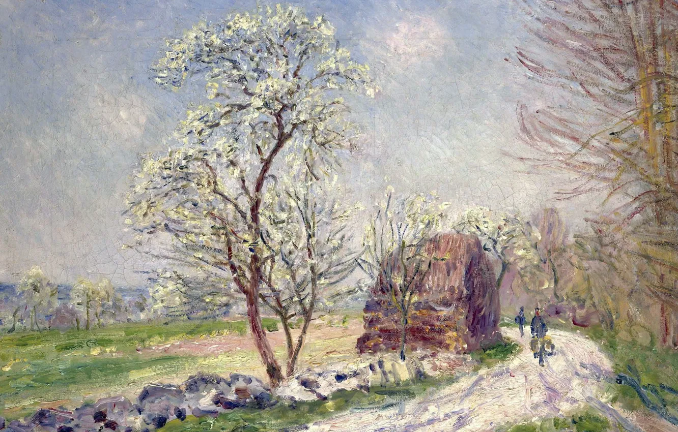 Фото обои дорога, картина, весна, Alfred Sisley, Альфред Сислей, Пейзаж с Цветущими Деревьями