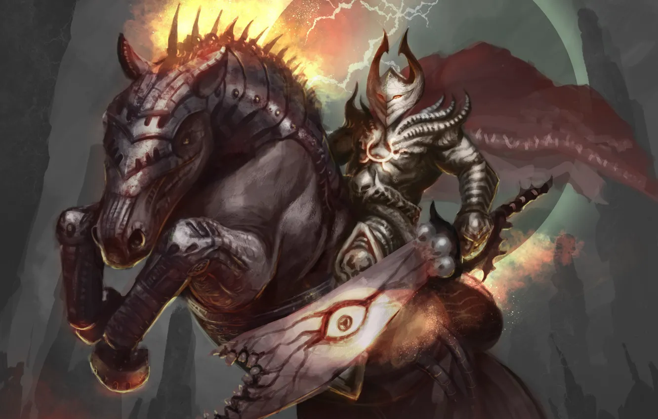 Фото обои конь, молнии, меч, воин, арт, броня, доспех