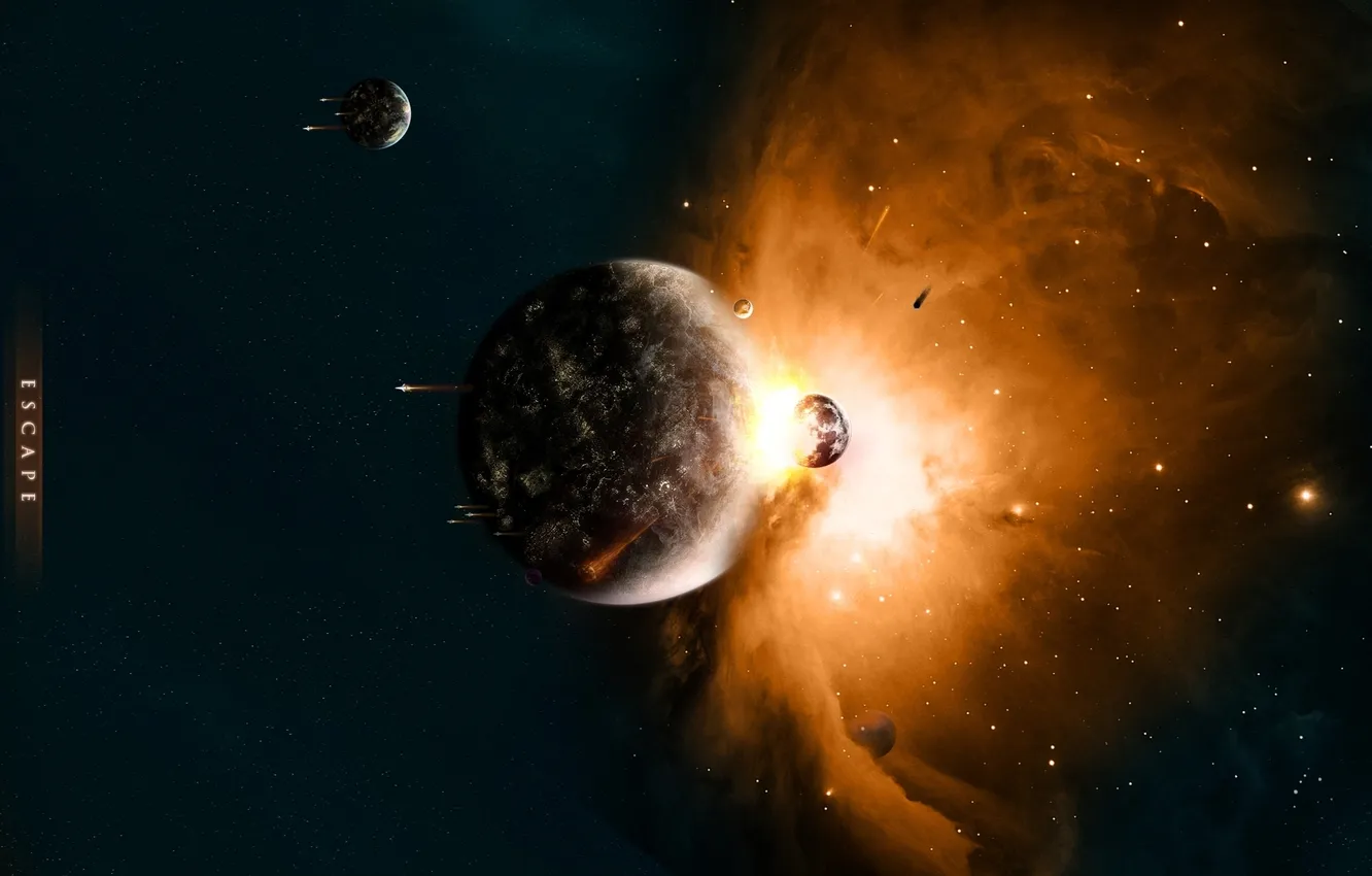Фото обои планета, катастрофа, астероид, удар, спутники, звездолеты, impact
