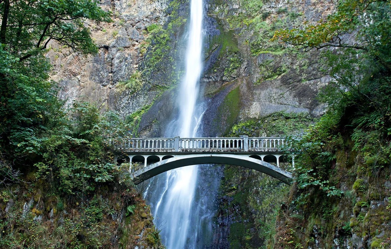Фото обои мост, скала, водопад, США, Oregon, Multnomah falls