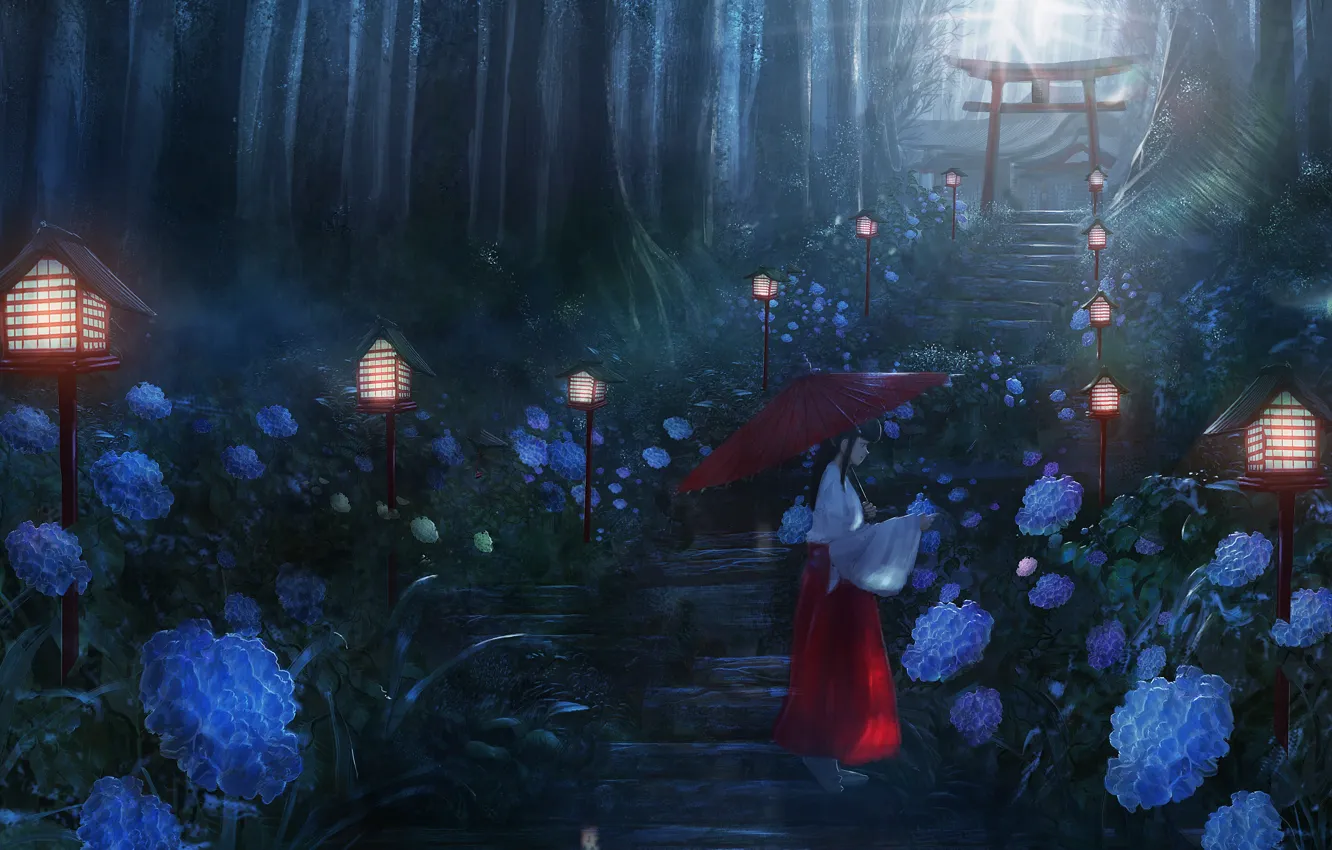 Фото обои лес, девушка, цветы, фонари, лестница, гортензия