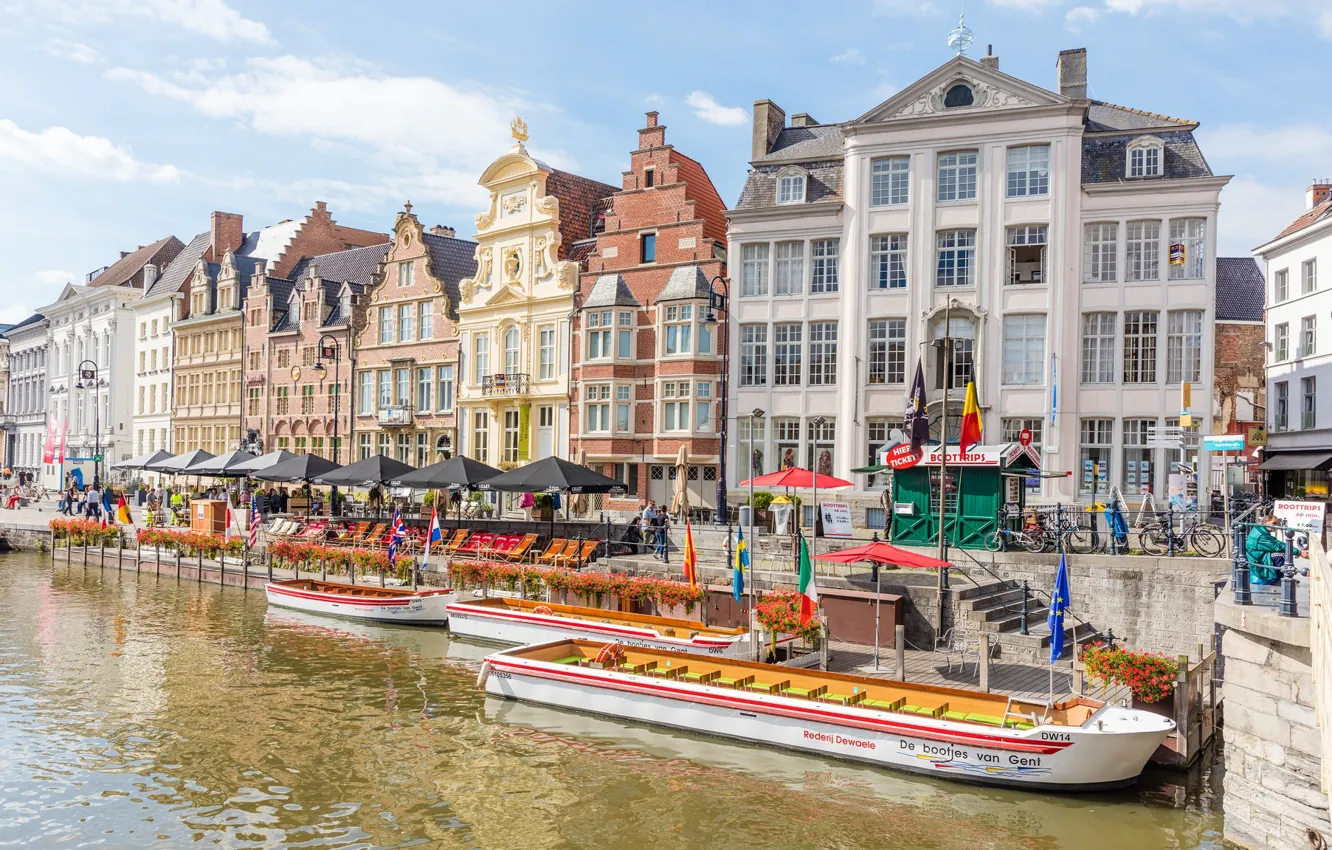 Фото обои дома, лодки, канал, Бельгия, архитектура, Гент, Graslei