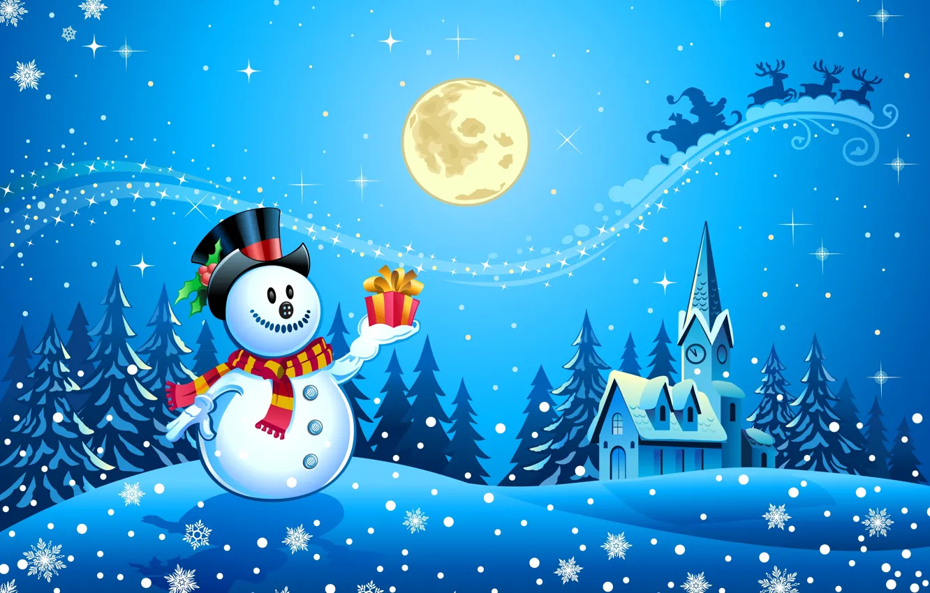 Фото обои снег, деревья, снежинки, часы, новый год, дома, шарф, снеговик