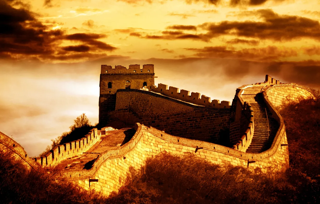 Фото обои пейзаж, горы, отдых, стены, HDR, размытость, Китай, башни