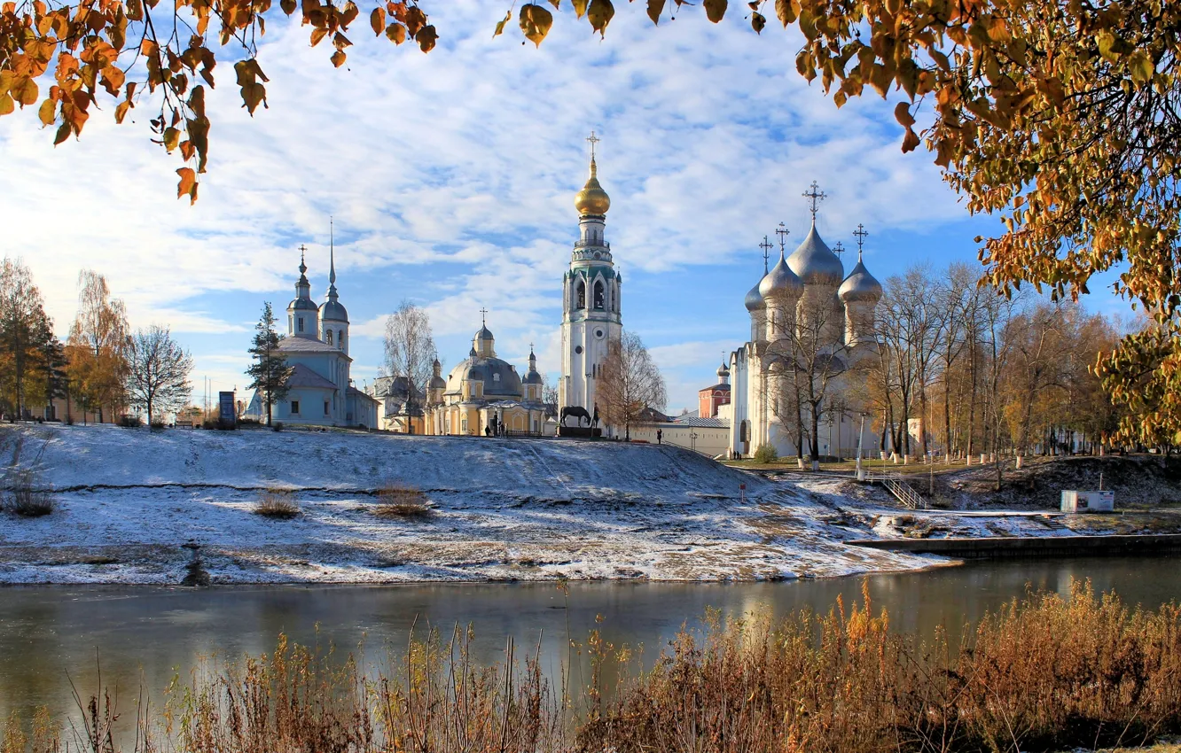 Фото обои осень, пейзаж, река, церковь, Вологда