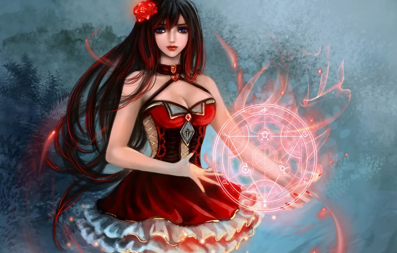 Фото обои девушка, цветы, розы, арт, в красном, пентаграмма, Fullmetal Alchemist, Ayumi