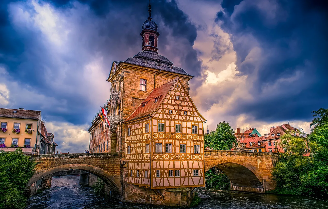 Фото обои мост, река, здание, Германия, Бавария, Germany, Bamberg, Bavaria