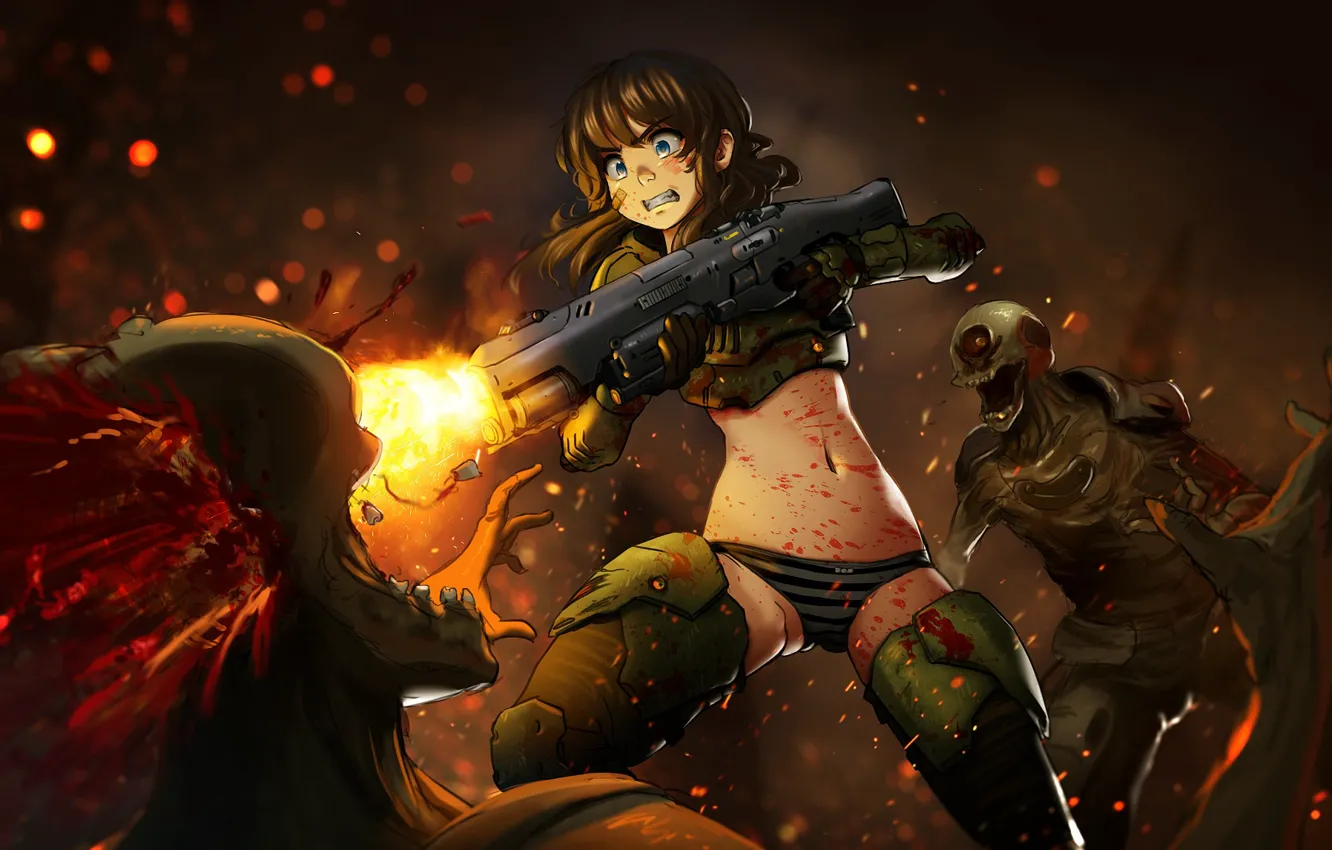 Фото обои девушка, оружие, кровь, игра, арт, монстры, Doom 4