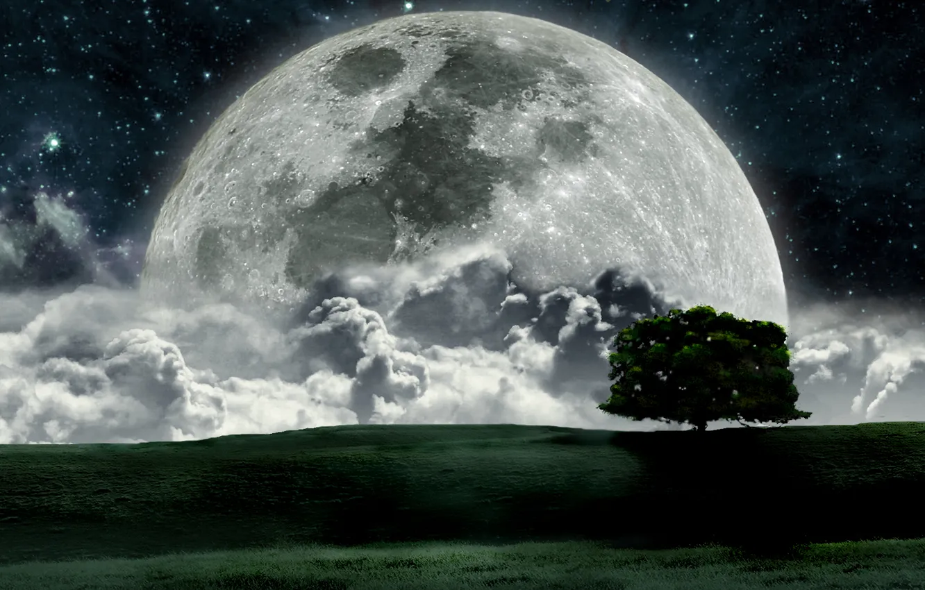 Фото обои космос, луна, звёзды, полная луна, большая луна, яркая луна