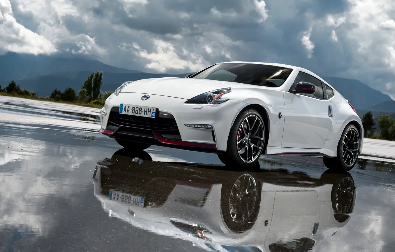 Фото обои Вода, Отражение, Дорога, Машина, Nissan, Диски, 370Z, Nismo