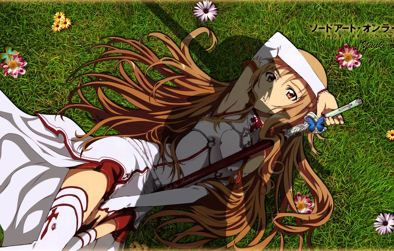 Фото обои трава, девушка, цветы, меч, yuuki asuna, мастера меча онлайн, sao, юуки асуна