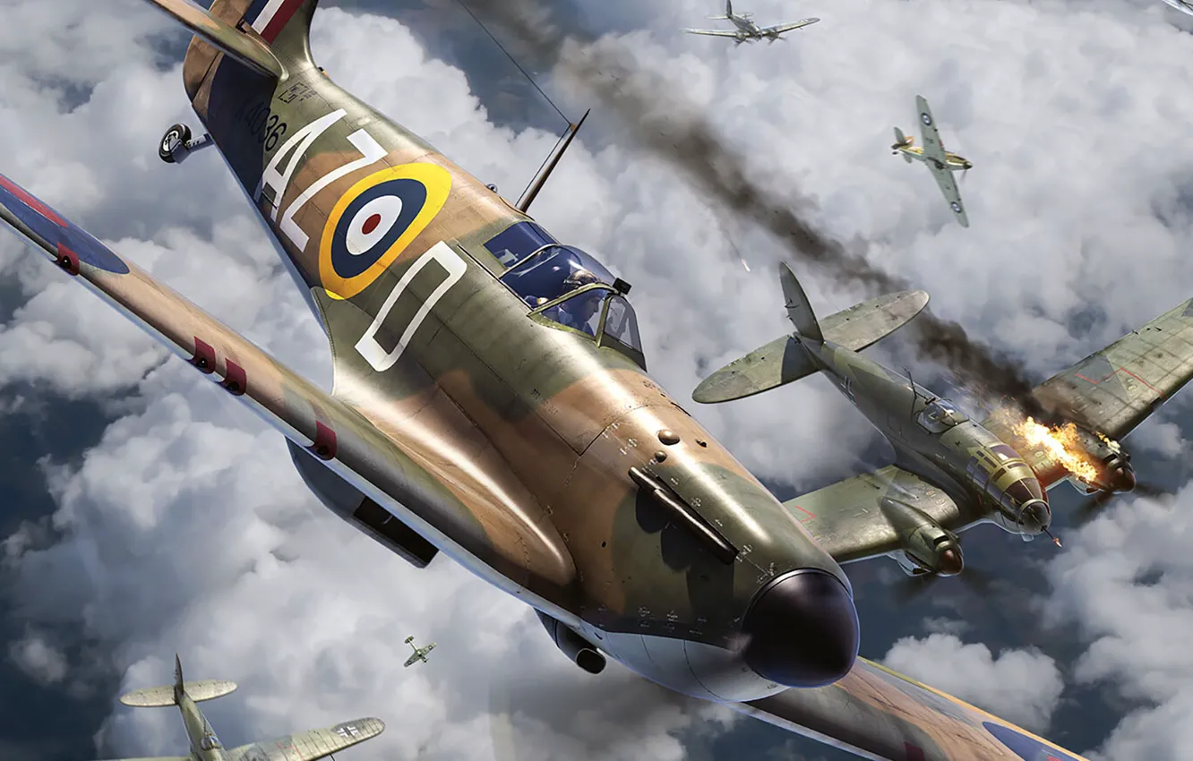 Фото обои Supermarine Spitfire, Битва за Британию, люфтваффе, ВВС Великобритании, британский истребитель, Heinkel He 111, немецкий средний …