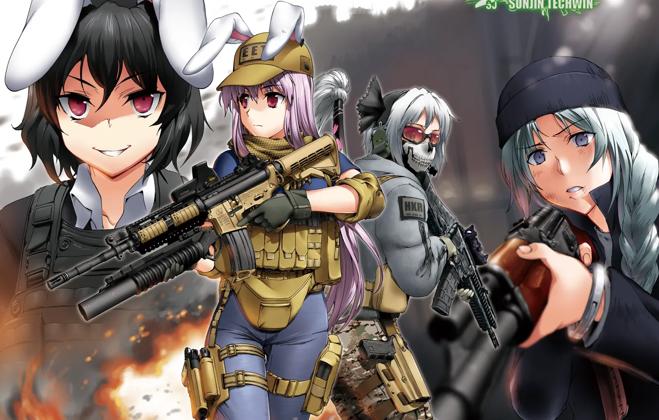 Фото обои оружие, девушки, арт, очки, форма, уши, call of duty, touhou